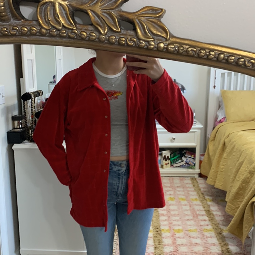 Karen Scott Petites M Top Long Sleeve Button Down Shirt Red Velour Velvet Check